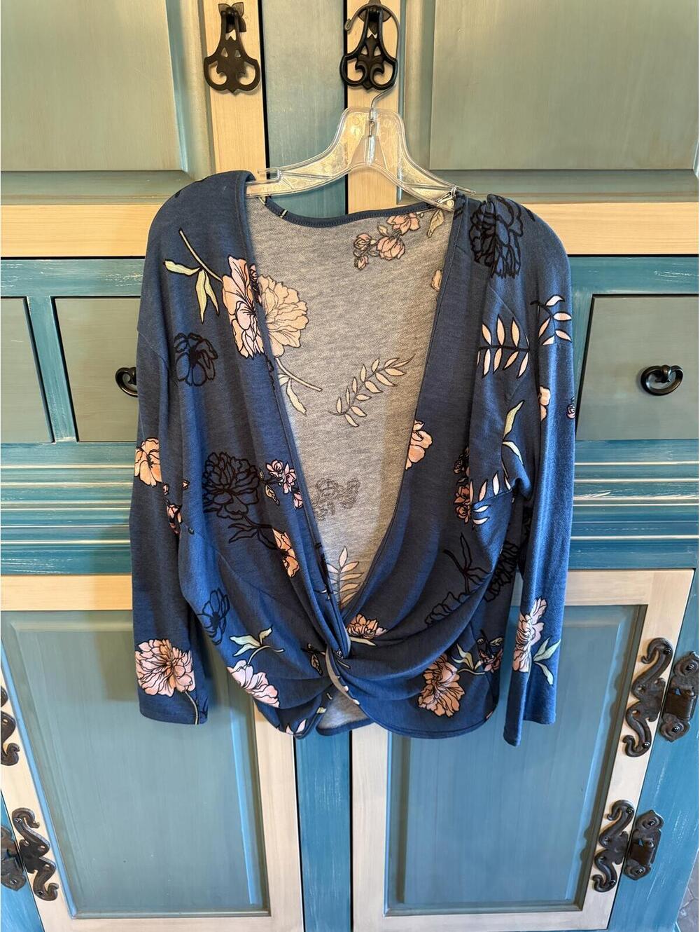 Blue Floral Long Sleeve Twist Front Top